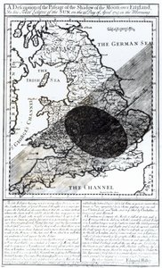 Een kaart die de passage van de schaduw van de maan over Engeland toont op 22 april 1715, gegraveerd door John Senex, 1715